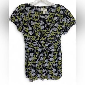LOFT Black and Green Floral Blouse